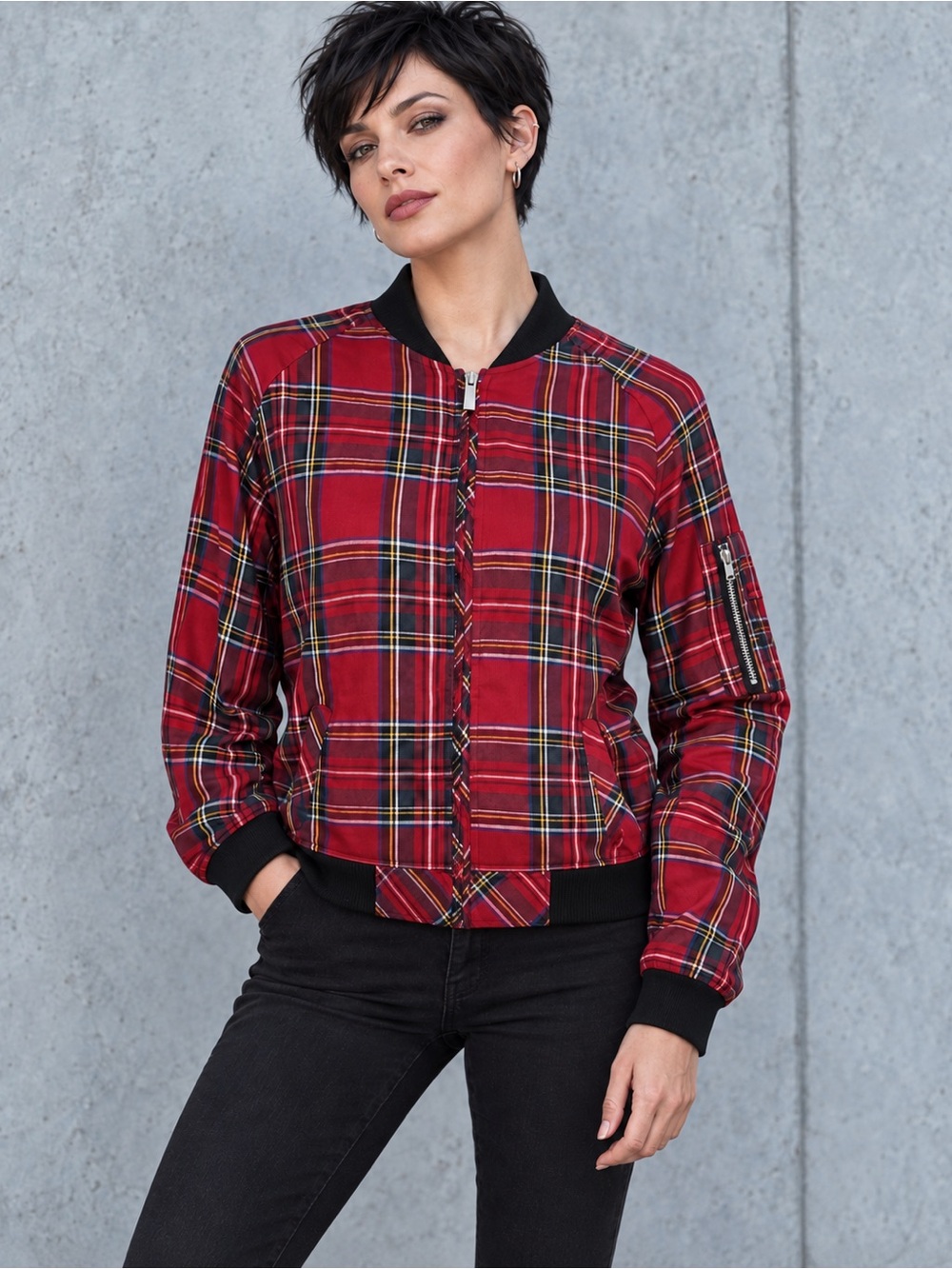 Sanctuary Red Plaid Bomber Jacket Full Zip Ribbed Knit Trim Women's Size Small